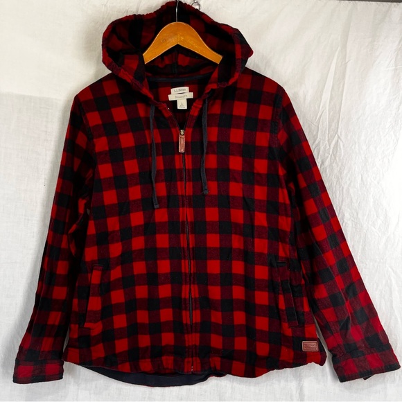 LL Bean Flannel Hoodie Jacket Buffalo Plaid Full Zip Shacket Relax Fit Cotton L - Picture 1 of 16